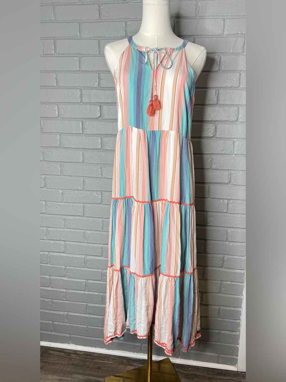 Matilda Jane "Let's Go Together" Striped Tiered Halter Maxi Dress Size Medium